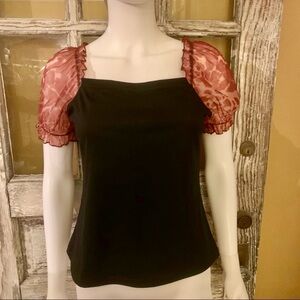 Black Top with Animal Print Sheer Sleeve